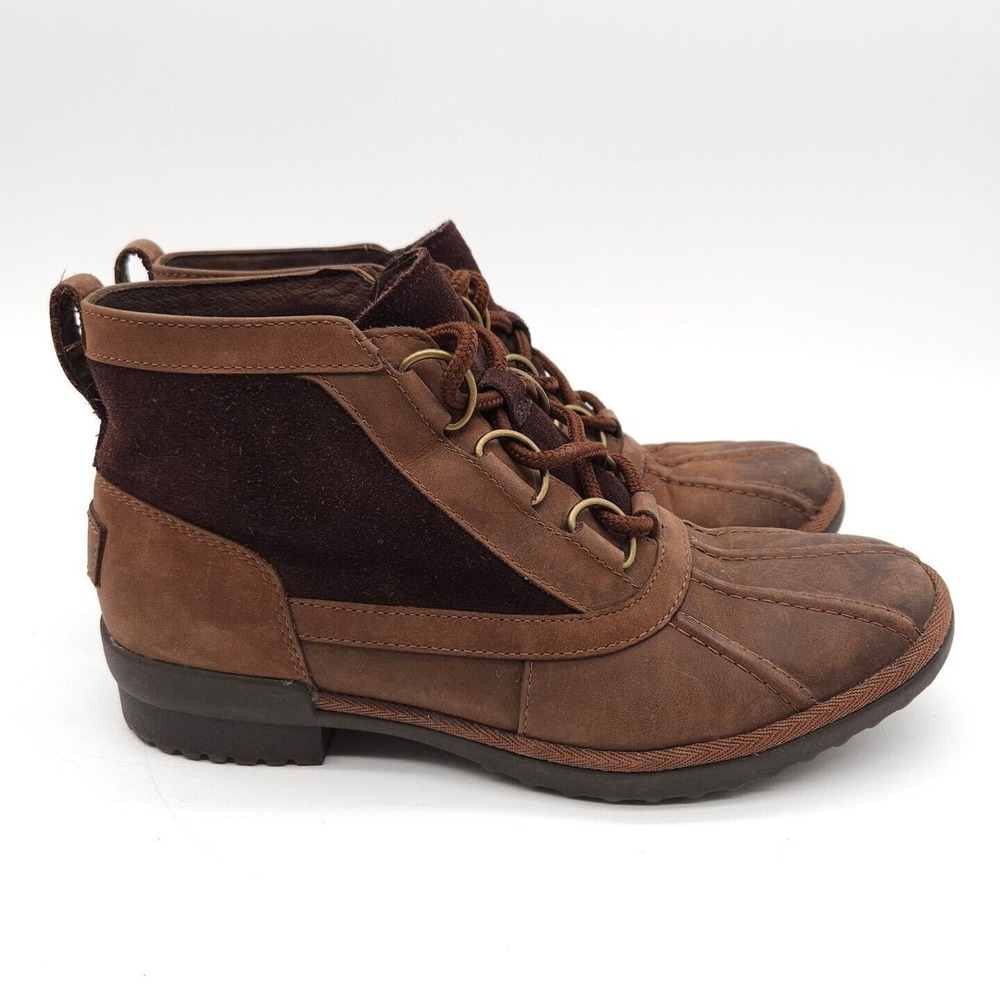 UGG Heather Womens 7.5 Duck Rain Ankle Boot Coconut Shell Brown Leather Lace Up - Picture 5 of 9